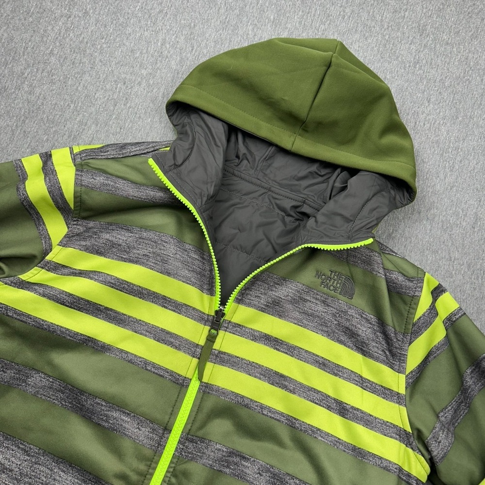North Face Full Zip Reversible Puffer Coat Youth Boys XL Green Jacket Striped
